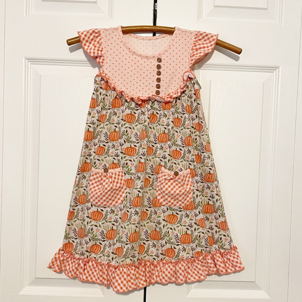 Shrimp & Grits Serendipity Pumpkin Fall Print Dress Ruffle Hem Girl’s Size M 5/6 - Picture 1 of 9